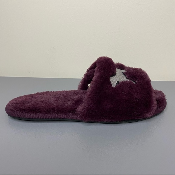 Pink Victorias Secret Slippers Purple Fuzzy Slides Silver Dog Logo Medium SZ 7-8 - Picture 6 of 9